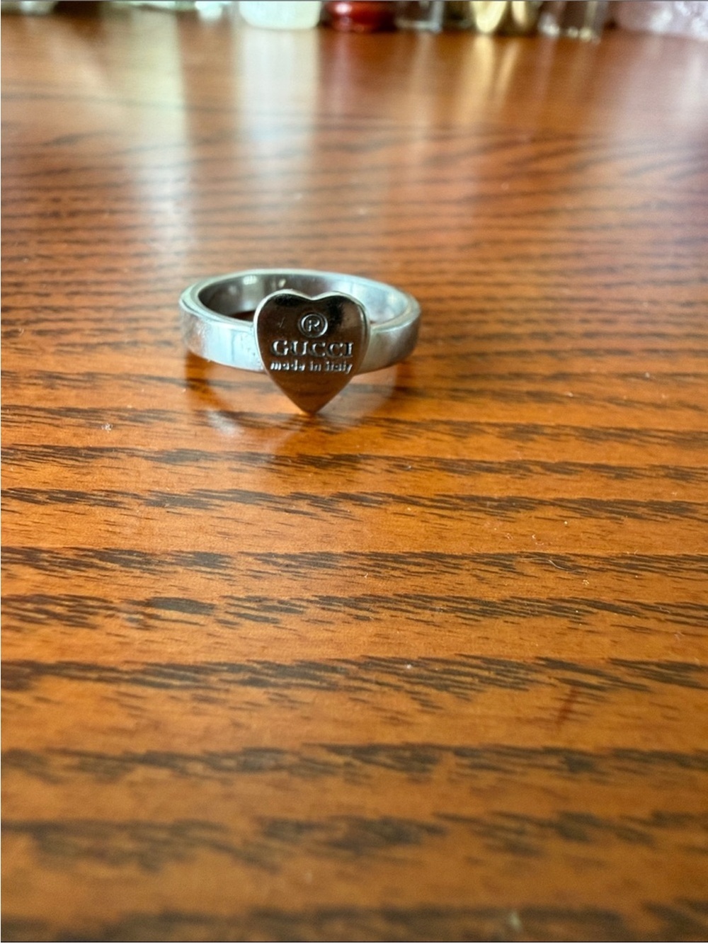 Gucci Silver Heart Signet Ring with Engraved Logo Size 7.5